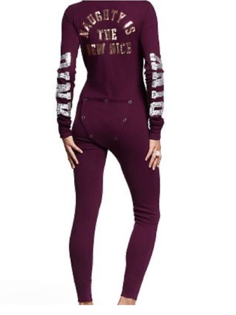 VS Pink pajamas - burgundy one piece waffle knit sequins/bling drop seat